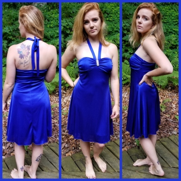 B. Wear Too ✦ Blue Halter Mini Dress ✦ Crystal Accent w/ Satin Glow & Ruffle Hem - Picture 5 of 13